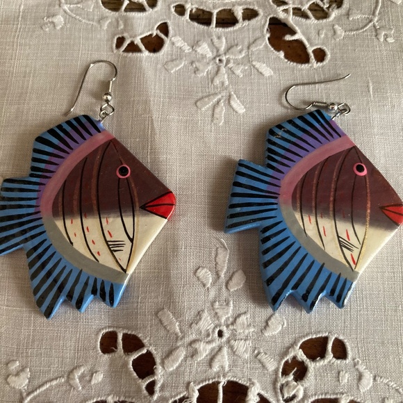 Handcrafted Wooden Fish Earrings Purple & Blue Lightweight Dangle Earrings - Picture 2 of 3